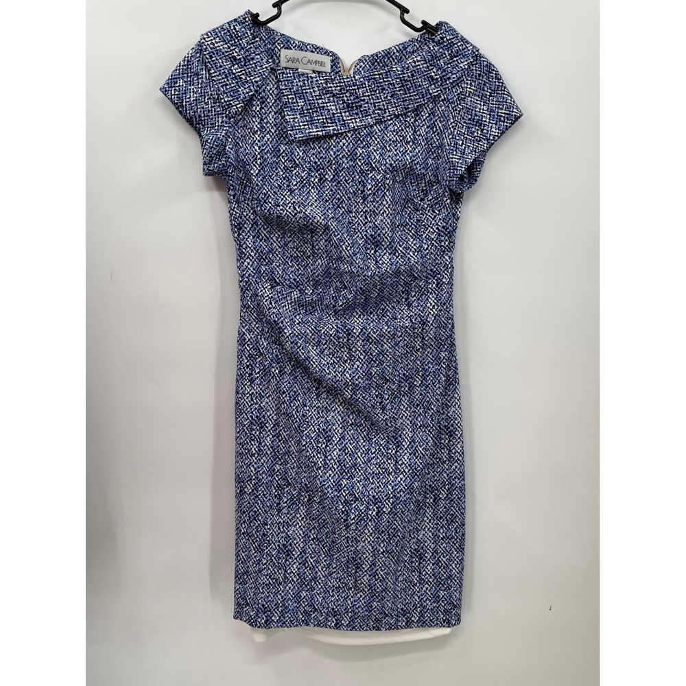 Sara Campbell Blue White Print Sheath‎ Dress Gold Zip Career Cocktail